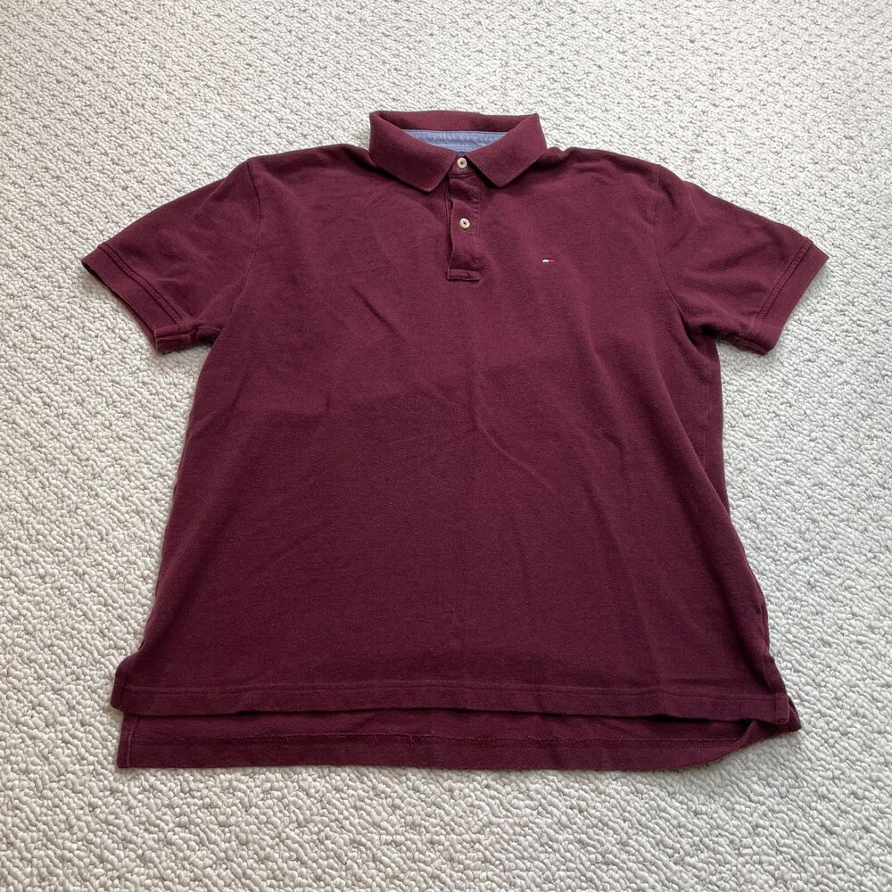 Tommy Hilfiger Polo Shirt Mens Large Dark Red Classic Fit Rugby Golf Cotton Top